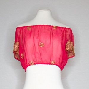 Red & Gold Hand Beaded Silk Peasant Crop Top